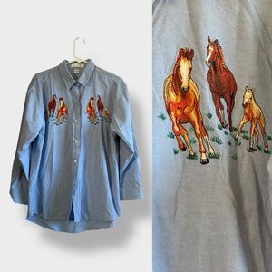 Casey Coleman Denim Blue Embroidered Family Horses Long Sleeve Button Down Large